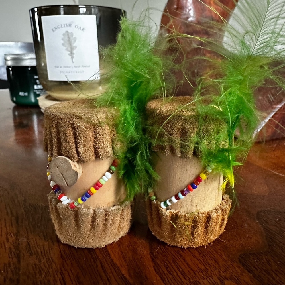 2/$30 - Vintage Native Drum Salt and Pepper Shakers cork, beads, feathers, suede